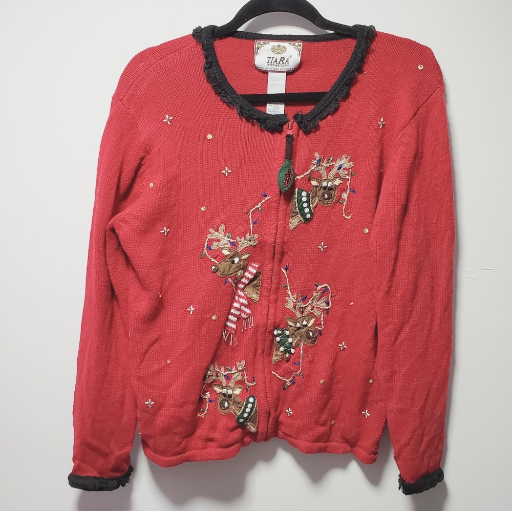 Vintage Tiara Ugly Christmas Sweater Cardigan Size Small Reindeer Zipper